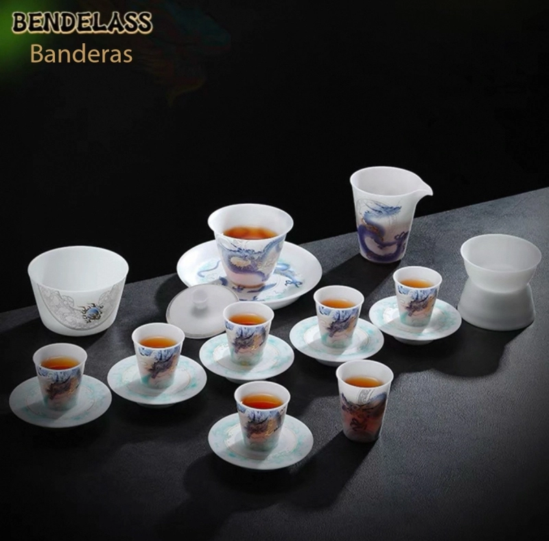 Ice Jade Porcelain Kung Fu Tea Set Year of the Dragon Forbidden City Cultural Creation High-end White Porcelain Covered Bowl Tea Cup Light Luxury Gift Set